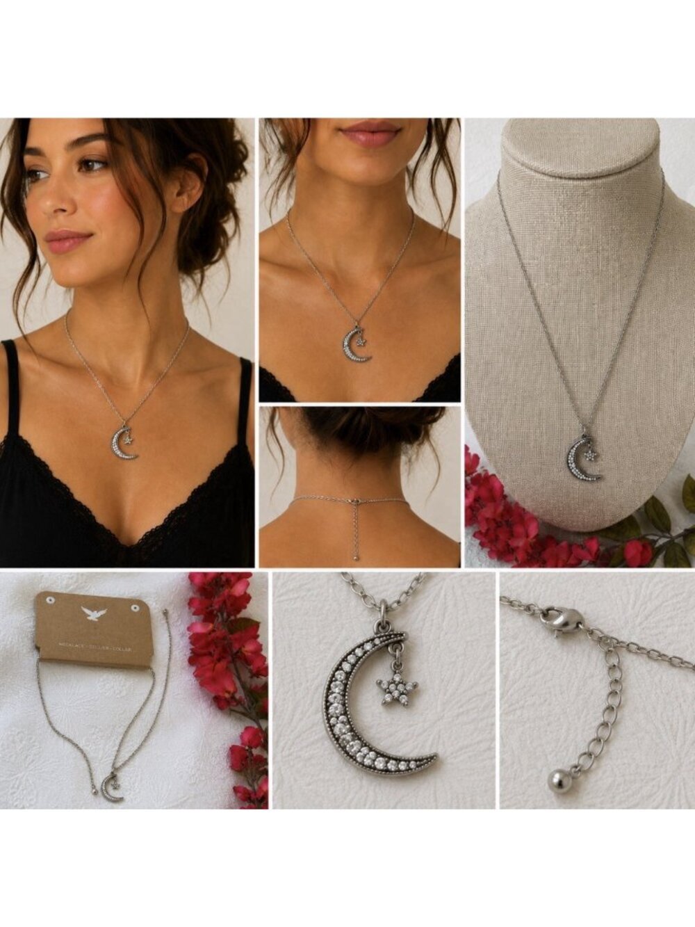 Bethany Mota SilverTone Long Chain Moon Star CZ Charm Statement Necklace 34" NEW